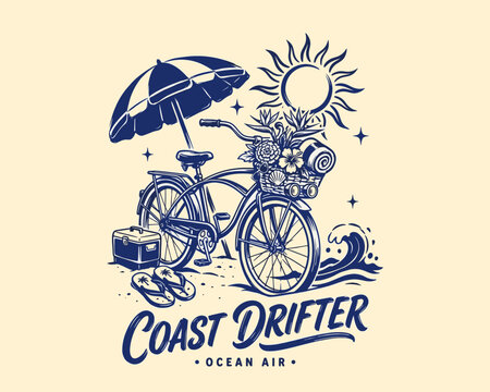 Vintage beach bicycle illustration. Coast drifter ocean surf graphic. Retro summer vacation apparel design. Nautical lifestyle travel vector.
