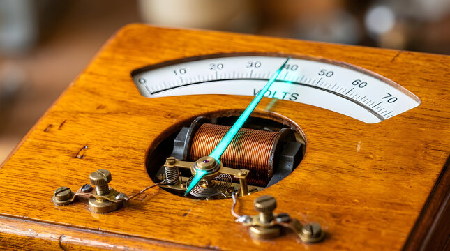 Macro Glowing Teal Galvanometer Needle with Copper Coil Resting on Amber Wooden Instrument Base