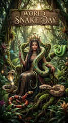 Obraz premium Woman queen as goddess sitting on throne with snake in jungle for World Snake Day. Fantasy mystical character with reptile in tropical forest. Exotic wildlife and nature celebration concept.