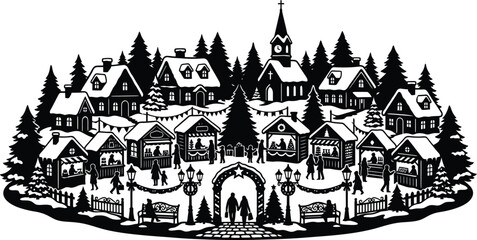 Naklejka premium Black and white line art illustration of a charming winter village scene during the christmas holiday season