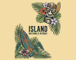 Island rhythms and retreat vector. Tropical Tiki mask and surfboard illustration. Hawaiian summer vacation graphic. © DandiPdn