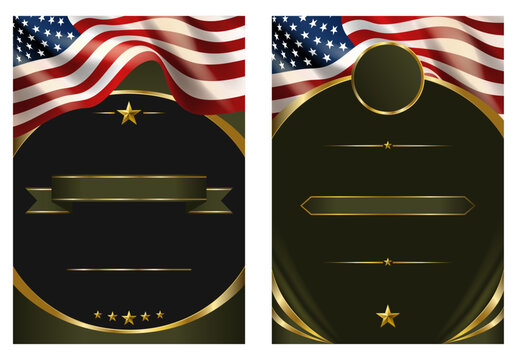 Luxury black and gold military award certificate with USA flag. Editable vector for promotions, invitations, retirement, veterans, recognition, and awards.