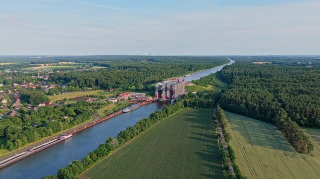 Engineering infrastructure with ship lift. Canal waterway transport, industrial construction, vessel transit and lift technology. Waterway engineering. Elevator technology