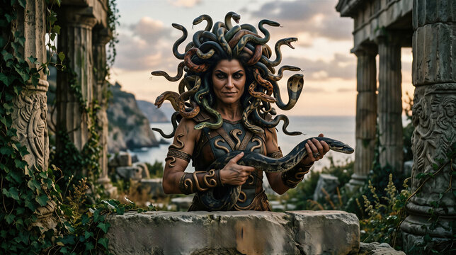Medusa woman posing with snakes on her head in ancient temple ruins. Mythological goddess character for World Snake Day. Fantasy portrait of Greek monster for creative artistic project.