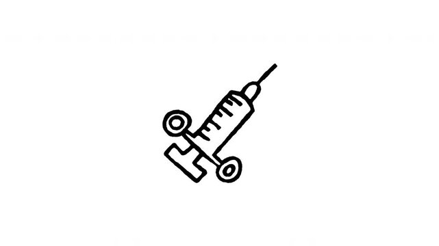4K animated veterinary syringe doodle icon with boiling line motion. Frame by frame line art on black and green screen chroma key background for vaccine injection, pet immunization, and vet care.