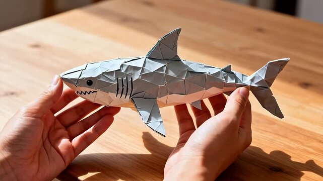 Origami shark model on wooden table