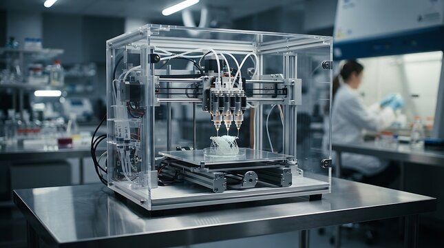 Modern laboratory with advanced 3D printing equipment and research tools.