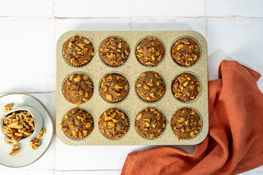 Banana muffins in a muffin pan 