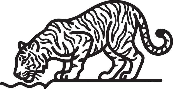 Tiger Silhouette Black And White Line Art On A White Background
