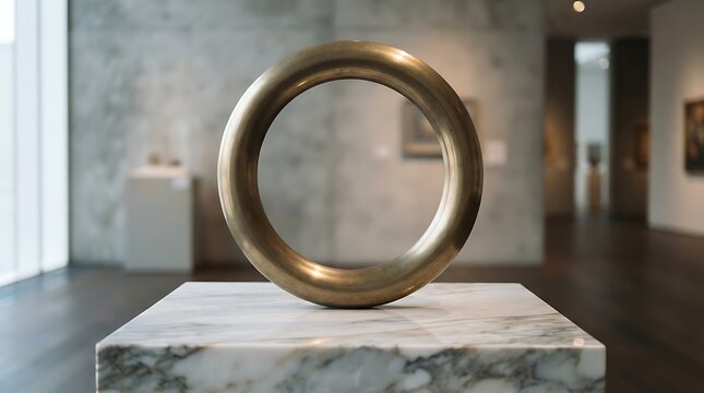 Modern metallic ring sculpture displayed in a contemporary gallery.