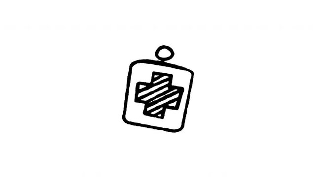 Animated 4K vet care cross tag doodle icon. White hand drawn line art on black and green screen backgrounds for medical ID tag, clinic health symbol, animal hospital, and pet care edits.