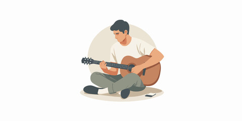 Vector illustration of a talented guy playing the guitar. Cartoon scene of a handsome musical performer sitting on a chair and playing a stringed musical instrument isolated on a white background.