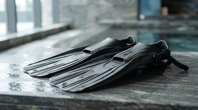 Black flippers resting on a wooden surface near water.