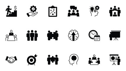 Fototapeta premium Skill development icon set. Representing workshop, training, learning, teamwork, productivity and professional growth.
