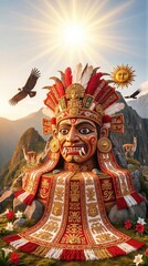 Fototapeta premium Peruvian mask representing deity in Andes mountains for Peru Independence Day. Traditional culture, South American heritage, Inca civilization symbolism. Vibrant colorful ritual art concept.