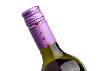 Obraz premium Wine Bottle With Purple Screwcap Top And Red Wine Drops isolated on a white background