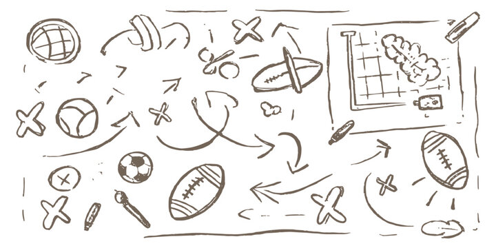Hand drawn sports strategy playbook doodle background with football soccer balls and tactic arrows vector illustration.