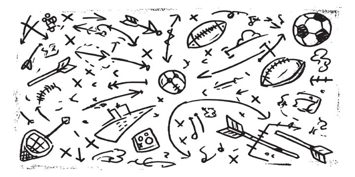 Black hand drawn sports strategy playbook doodle background with balls and tactic arrows vector illustration.