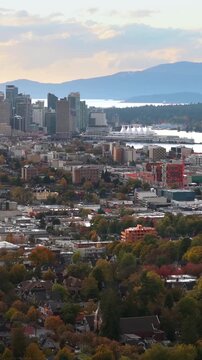 Aerial view of Port of Vancouver, harbour and mountains on the background