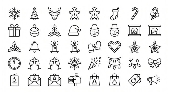 Christmas doodle icons set. Hand drawn holiday symbols and festive winter season elements.