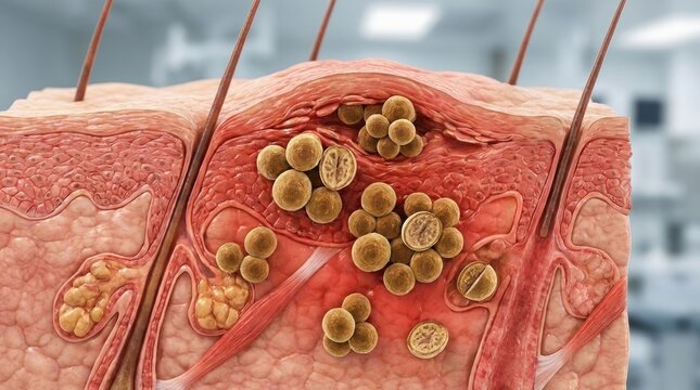 Microbial dermal invasion: Staphylococcus bacterium, infect human, cause inflammation, skin epidermis, hair follicle, sebaceous gland, disease process.