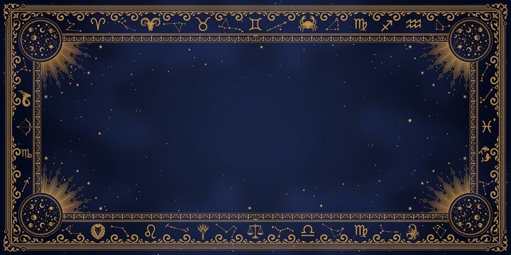 Astrological zodiac frame design with golden constellation symbols and cosmic celestial elements on a deep navy blue starry sky background for horoscopes and mystical artwork.