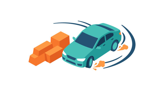 Dynamic isometric illustration depicting a fast-moving car in a swift maneuver, expertly swerving to avoid orange rectangular obstacles, symbolizing agile driving and navigation