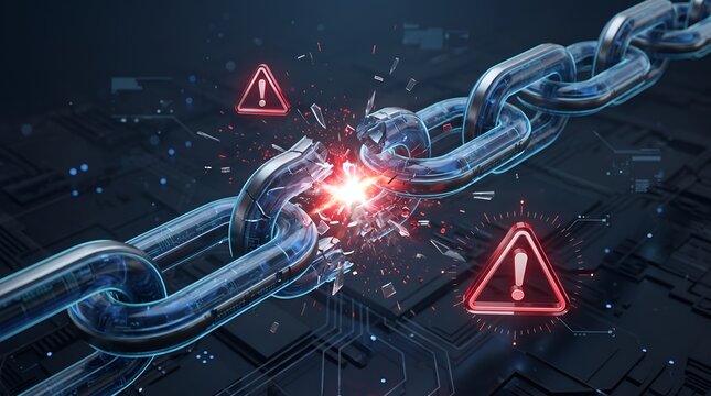 Supply chain vulnerability concept featuring breaking digital chain with warning alerts representing system failure