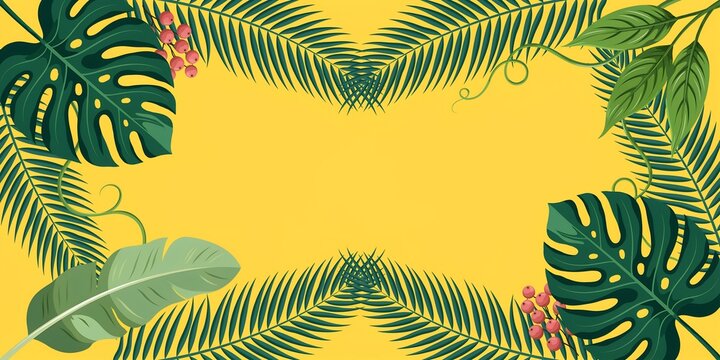 Summer tropical foliage frame with monstera leaves and palm fronds on vibrant yellow background for seasonal summer sales banner or exotic party invitation graphic design element.