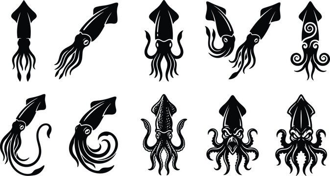 Black Squid and Kraken Silhouette Icon Set Featuring Angry Ocean Monsters, Cuttlefish, Marine Animals, and Calamari Symbols for Tattoos or Seafood Menus