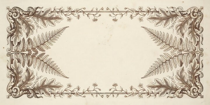 Vintage etched botanical frame with intricate fern and oak leaf illustrations on aged off white paper texture for classic stationery invitation or historical document background design.