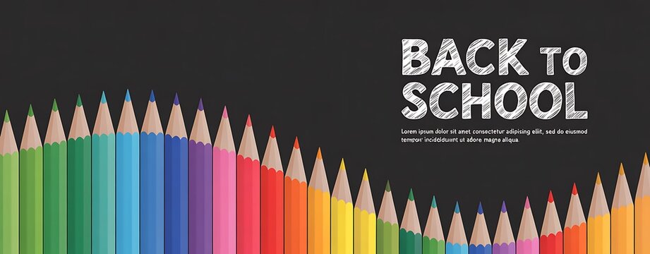 Back to school background with a row of colorful wooden pencils arranged in a wave pattern