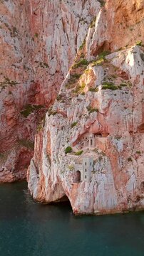 Aerial view of the historic mining port of Porto Flavia, Sardinia in Italy.