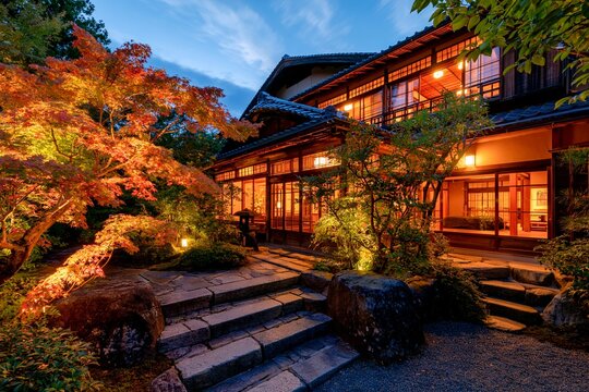 美しい紅葉が庭園を彩る日本の伝統的な和風旅館の夜景