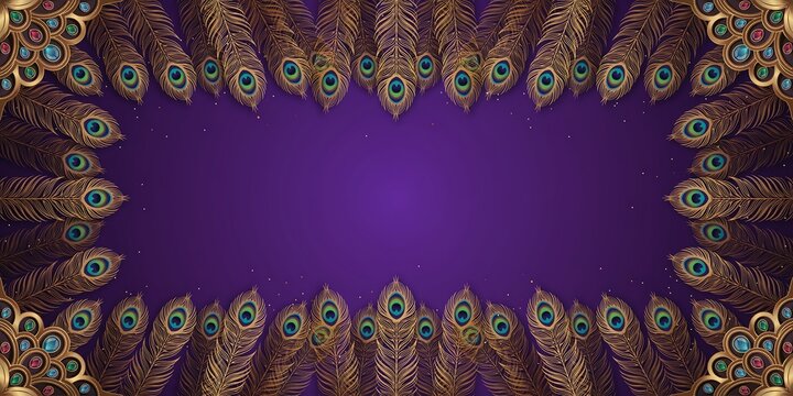 Elegant golden peacock feather border frame on a luxurious deep purple background with subtle glitter, perfect for invitations, certificates, and opulent designs.
