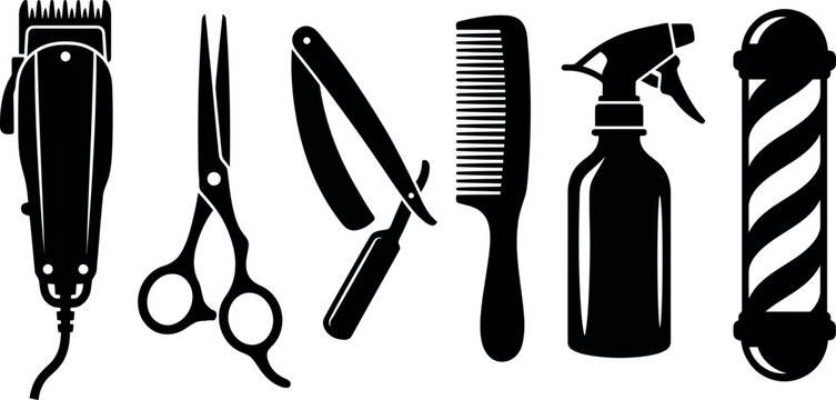 Set of professional barber shop tools including clippers scissors straight razor comb spray bottle and barber pole icon