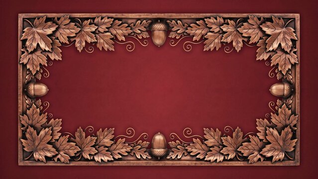 Rustic autumn frame adorned with detailed carved maple leaves and acorns, set against a rich textured deep red background, conveying a cozy fall seasonal aesthetic.
