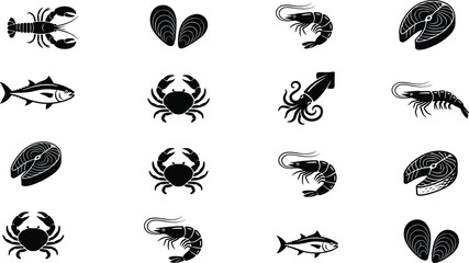 Obraz premium Seafood and Marine Products Black Silhouette Icon Set Featuring Fish Steak Crab Shrimp Lobster Squid Salmon Mussel and Tuna Graphic Symbols for Restaurant Menus