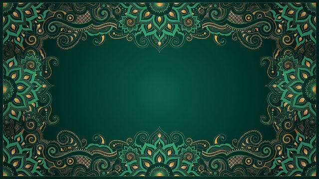 Green and gold mandala frame with intricate floral patterns, ornate border design on dark teal background, decorative.