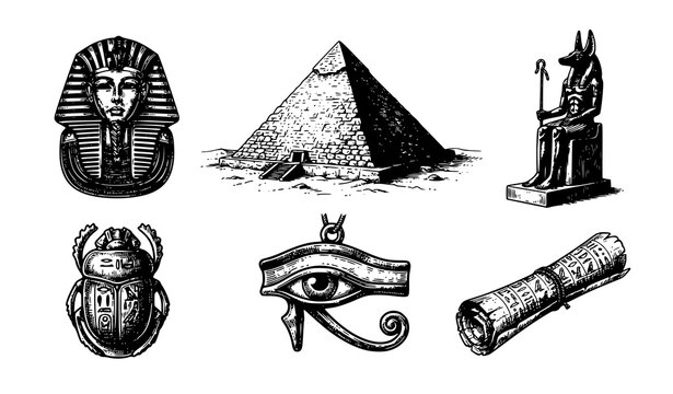 Vintage Ancient Egypt Culture Vector Icon Set with Pyramid Pharaoh Sphinx Anubis Scarab Beetle Eye of Horus and Papyrus Scroll Elements
