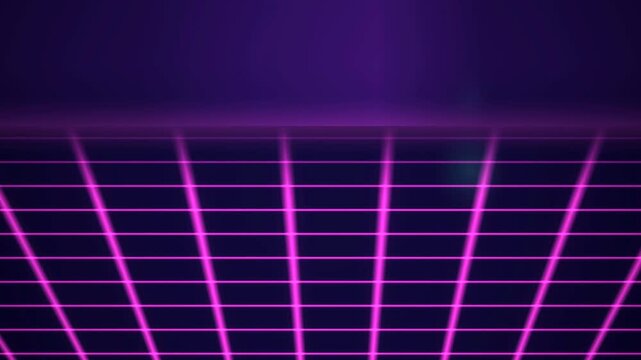 Moving Neon Magenta Grid Floor on Dark Purple &ndash; Retro Synthwave 80s Perspective Horizon, Cyberpunk Virtual Reality & Outrun Background Loop