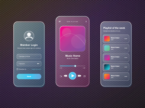 Glassmorphism UI/UX design for mobile apps. Login screen, music player, and playlist interface with frosted glass effect.