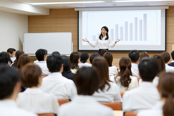 Obraz premium プレゼンテーションを行う日本人女性と真剣に学ぶ聴衆のセミナー風景