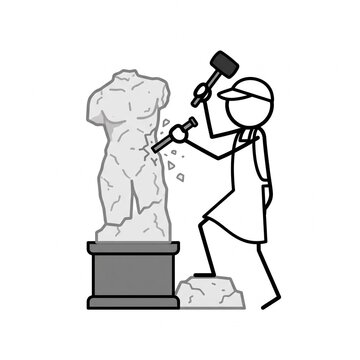 Sculptor uses a hammer and chisel to carve intricate details into a large marble statue on a pedestal.