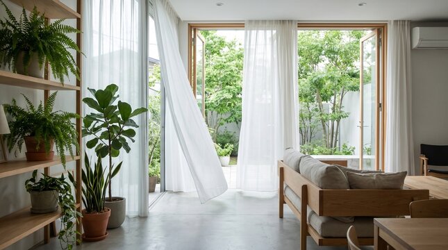 Modern minimalist living room interior with breezy curtains and lush houseplants