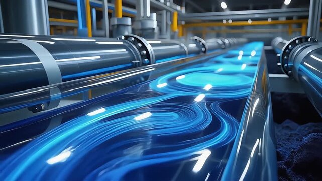 A massive industrial cooling system circulates vibrant sapphire liquid through heavy metallic conduits within a high tech manufacturing plant setting to maintain steady thermal regulation during