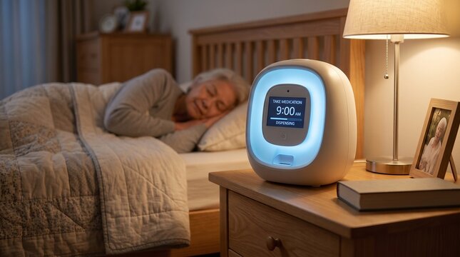 Senior woman sleeping soundly at night with a modern smart sleep aid device on her bedside table
