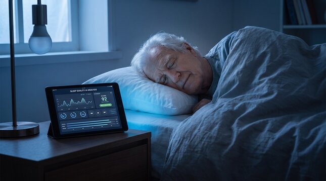 Senior man sleeping in bed with health monitoring app on tablet nightstand