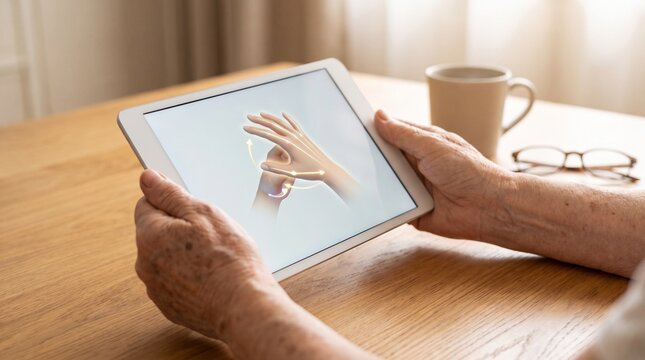 Senior woman using digital tablet for remote medical consultation or hand physiotherapy exercises