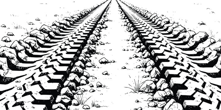 Black and white perspective view of heavy tire tracks on dirt road vector illustration background.